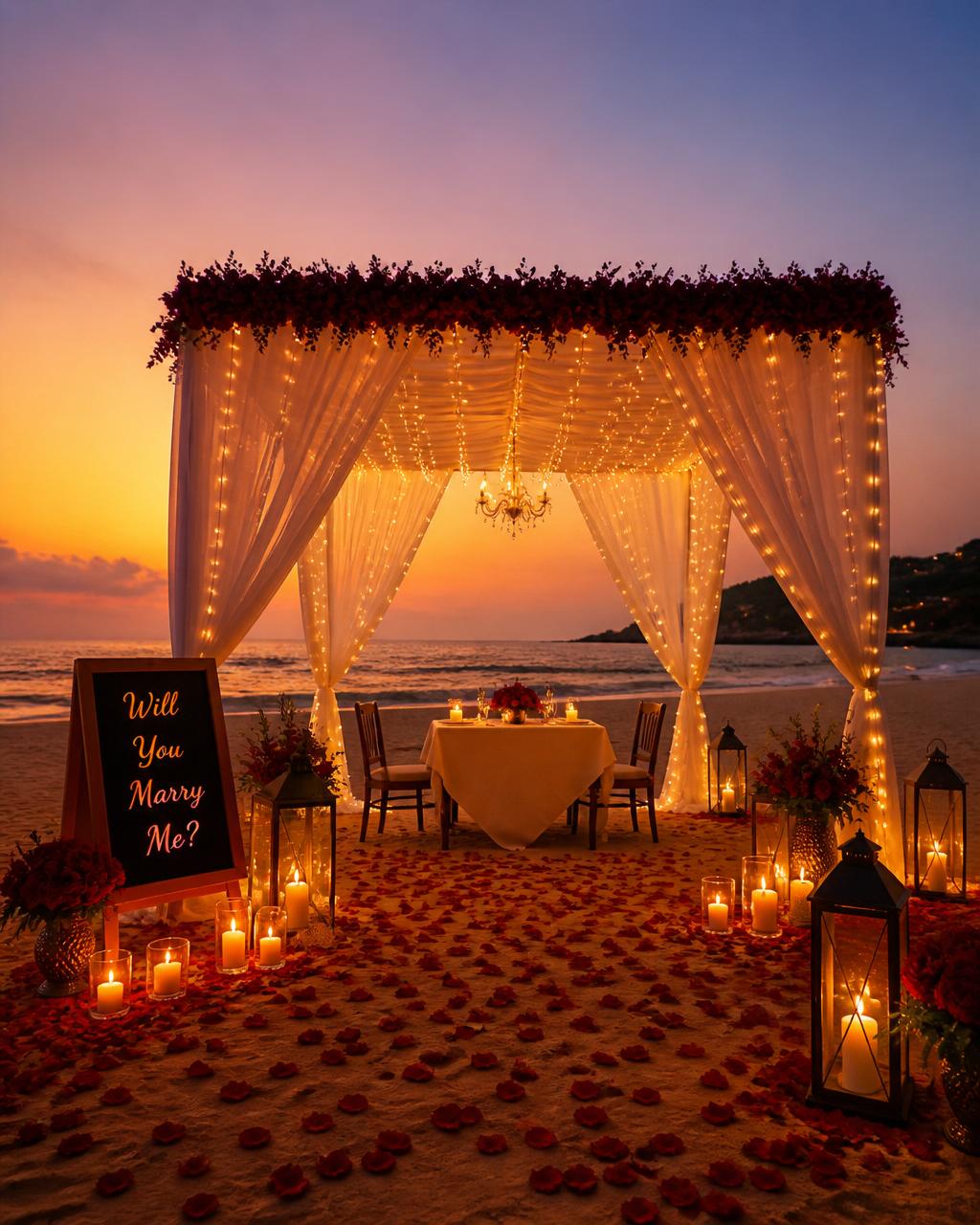 Candlelit beach proposal surprise at sunset by ADIRINDI